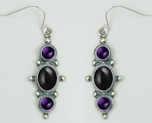 Sterling Silver Drop Dangle Earrings With Black Onyx And Amethyst